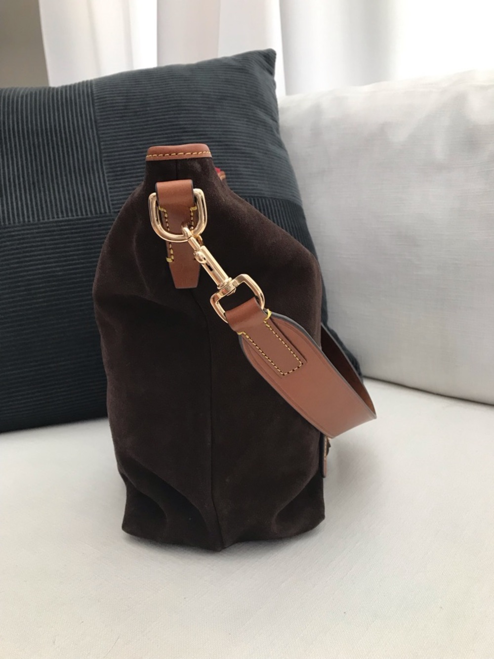 Dooney & Bourke Brown Suede Hobo Bag with Italian Leather Camel Trim - Picture 3 of 9